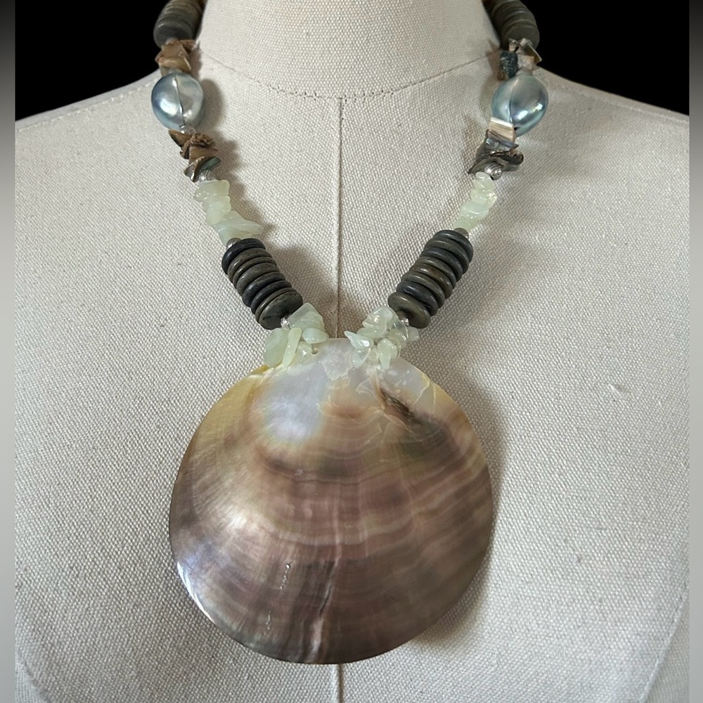 MCM Large Shell Pendant, Chalcedony, Keshi Pearl, Wood Statement Necklace.